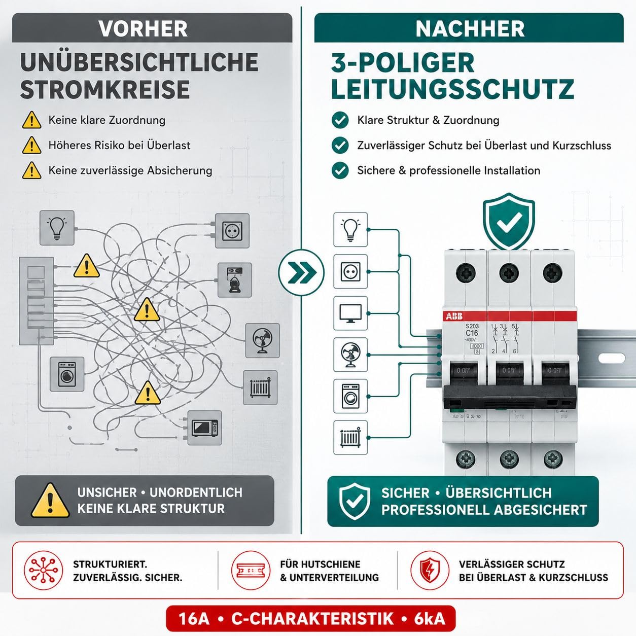 ABB S203-C16 Leitungsschutzschalter 3-polig 16A C-Charakteristik, Sicherungsautomat 6kA, LS-Schalter für Drehstrom & Hutschiene, System pro M compact Leitungsschutzschalter 3P