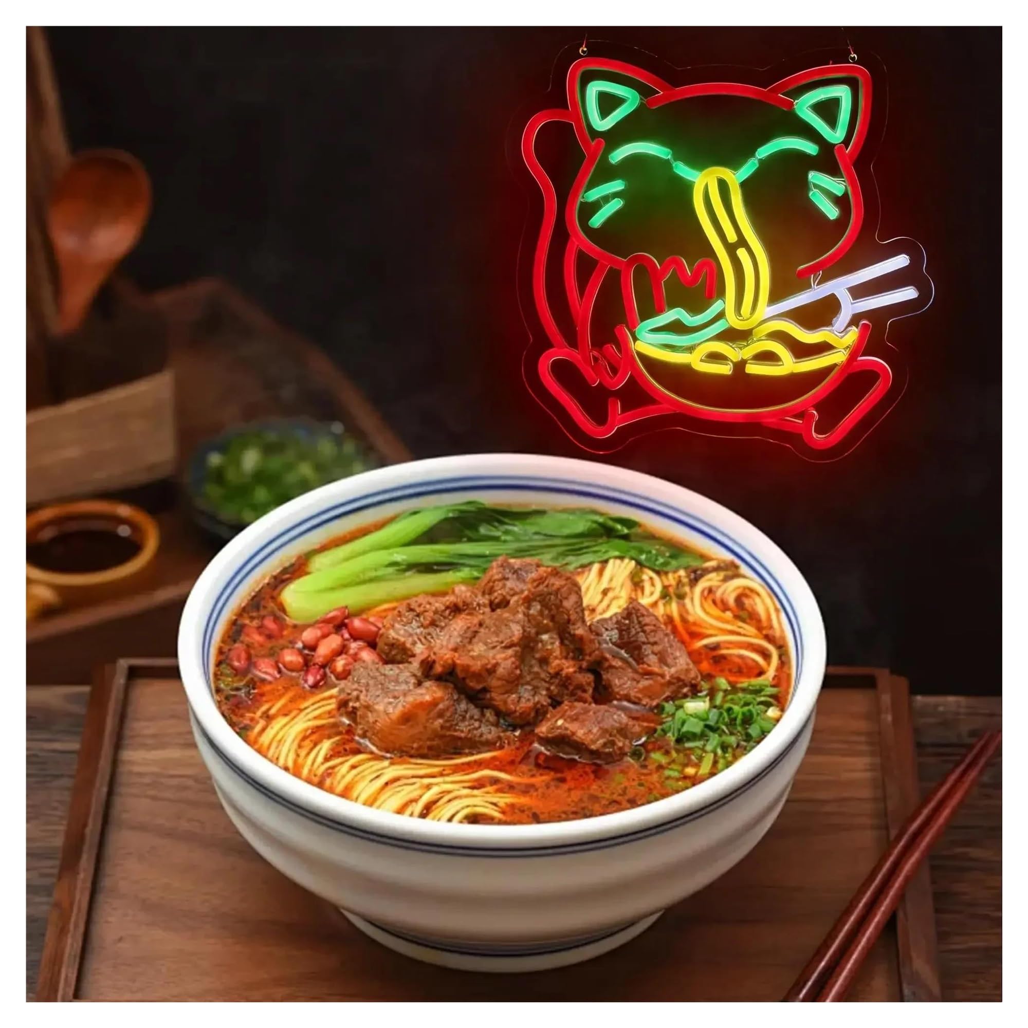 XENITE Luces Art Decoration Christmas Letrero De Neón Con Luz Regulable Para Decoración De Pared, Diseño De Gato Ramen, Ideal Para Restaurantes, Cafeterías, Cocinas Japonesas,33.5cmx32cm