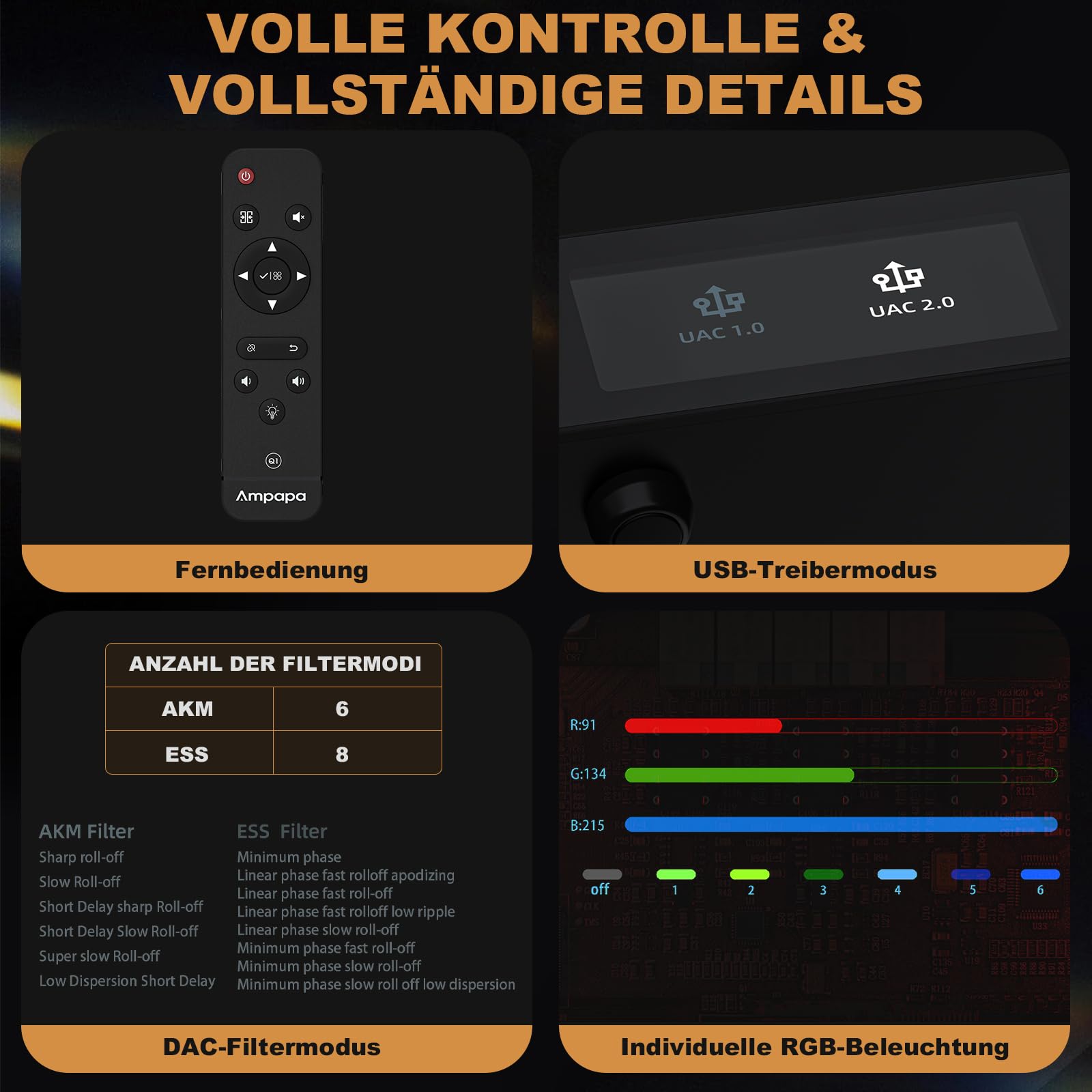 Q1 Digital-Analog-Wandler: HiFi USB DAC Adapter 768 kHz/32 Bit DSD512, APTX-HD Bluetooth 5.2 Kopfhörerverstärker mit ESS9039+AK4493 für Heimstereo-Verstärker und Desktop-Hören