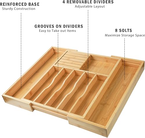 Miniatura 5 de Wencrfat - Organizador de cajones de cubiertos con bloque de cuchillos extraíble y divisores, organizador de cajones de cocina de bambú expandible,