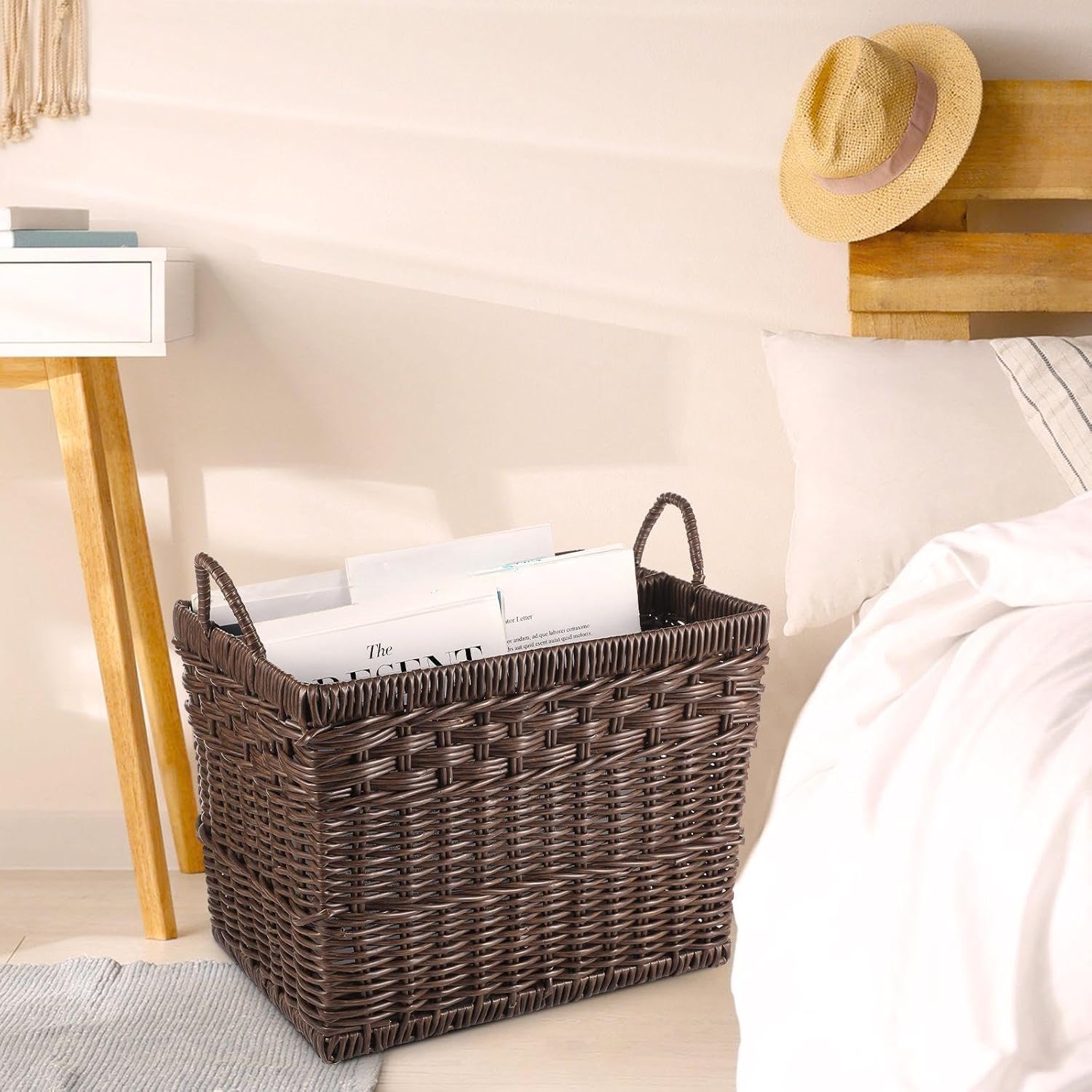 Hand Woven Magazine Holder Rectangular Wicker Divided Magazine Basket with Handle Newspaper Book Storage Basket Organizer for Office Living Room Home Office, 15.5 x 12 x 12.5 Inch