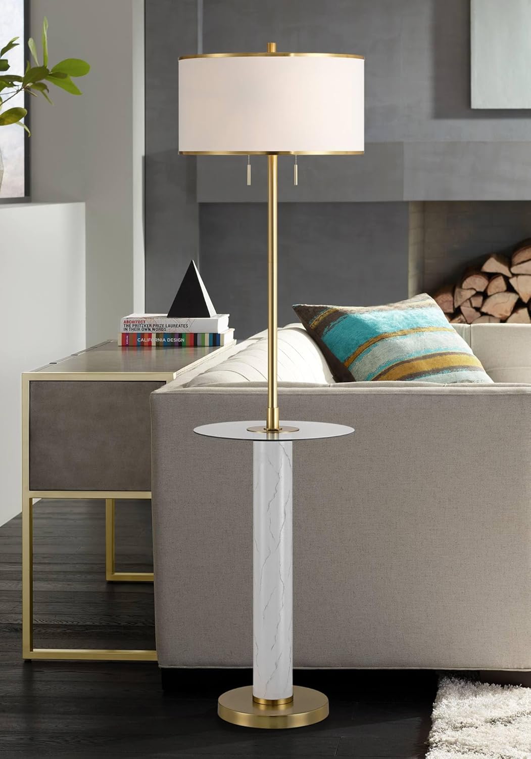 Possini Euro Design Bellini Modern 65" Tall Standing Floor Lamp with Tray Table USB Port Pull Chain Gold Metal Faux Marble Finish Living Room Bedroom House Reading Office Home Decor Entryway Dining