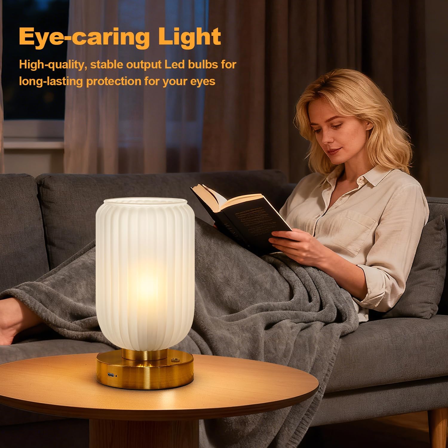 LigthRound Touch Table Lamp for Bedroom, Cordless Bedside Small Table Lamp, Dimmable Rechargeable Battery Operated Lamp for Nightstand, Bedside, Living Room, Desk, LED Bulb Included