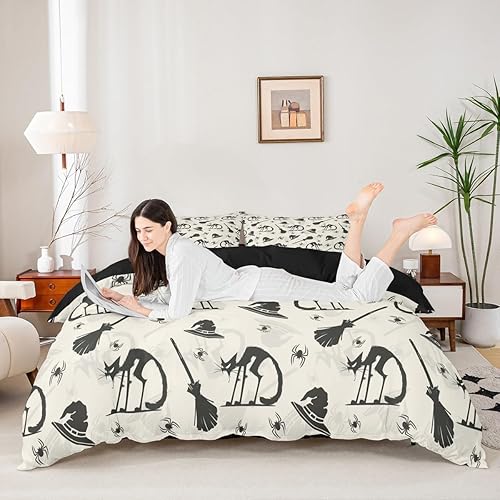 Miniatura 5 de Erosebridal Juego de ropa de cama de gato negro, decoración de Halloween, sombrero de bruja, funda de edredón de araña gótica para niños y