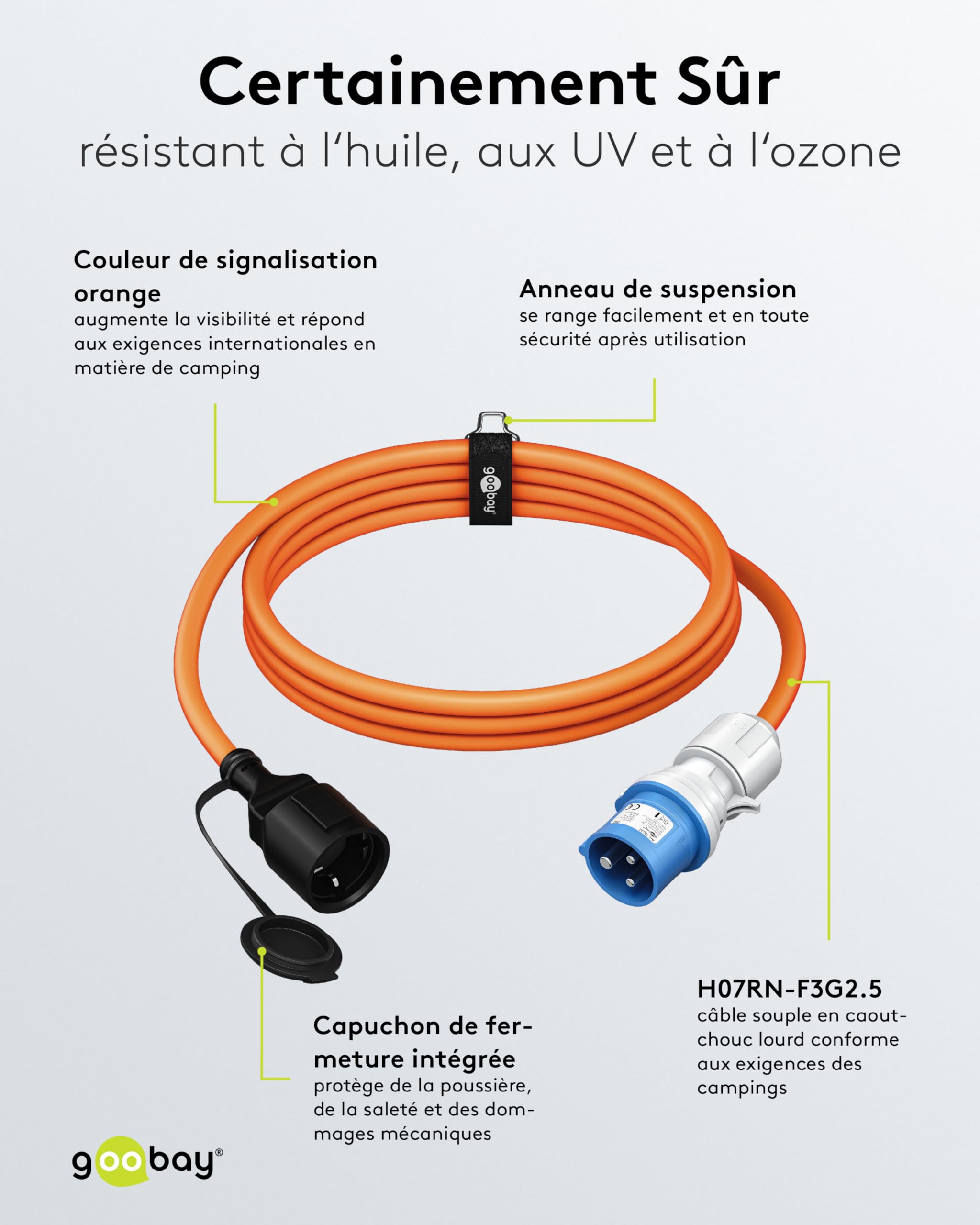 goobay Câble Adaptateur CEE pour Caravane, 5 m, Prise CEE vers Prise avec Contact de Protection, Utilisation en extérieur avec IP44, 76224