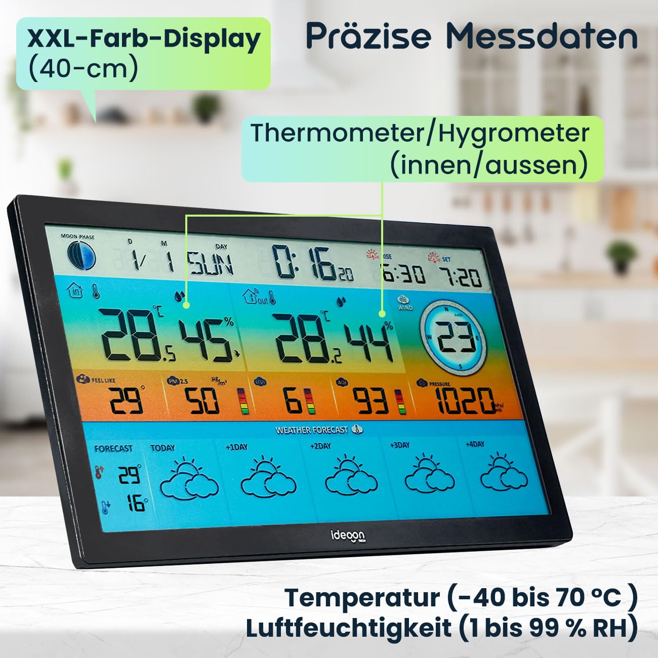 ideoon WLAN Funk Wetterstation mit XXL-Farb-Display – 5 Tage Wettertrend, Thermometer/Hygrometer, Feinstaub & UV-Index, Barometer, Tuya App