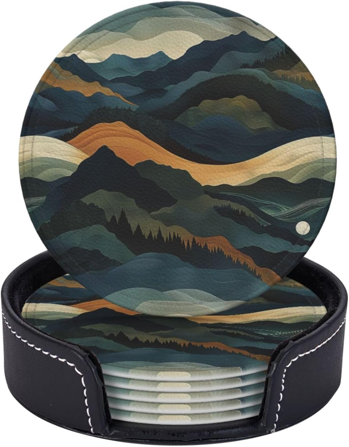 6 Pcs Vintage Scenery Leather Coasters for Drinks with Holder Round Mug Mat Table Desk Coasters Set Cup Coasters for Living Room Kitchen Coffee Decor