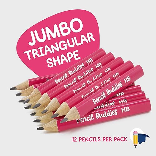 Miniatura 3 de Lápices cortos jumbo para niños, 12 lápices de grafito Fat HB con agarre triangular y tinta rosa, juego de 14 piezas con sacapuntas y borrador