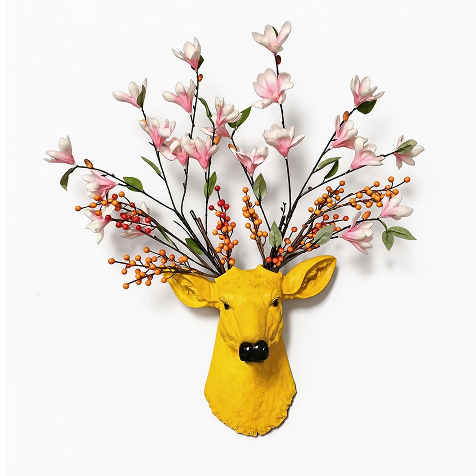 CMYCYDDPLY Animali Testa di Cervo Decorazione Della Parete in Resina, Decorazioni Camera da Letto con Rami Artificiali di Magnolia e Bacche, per Camera da Letto(Yellow)