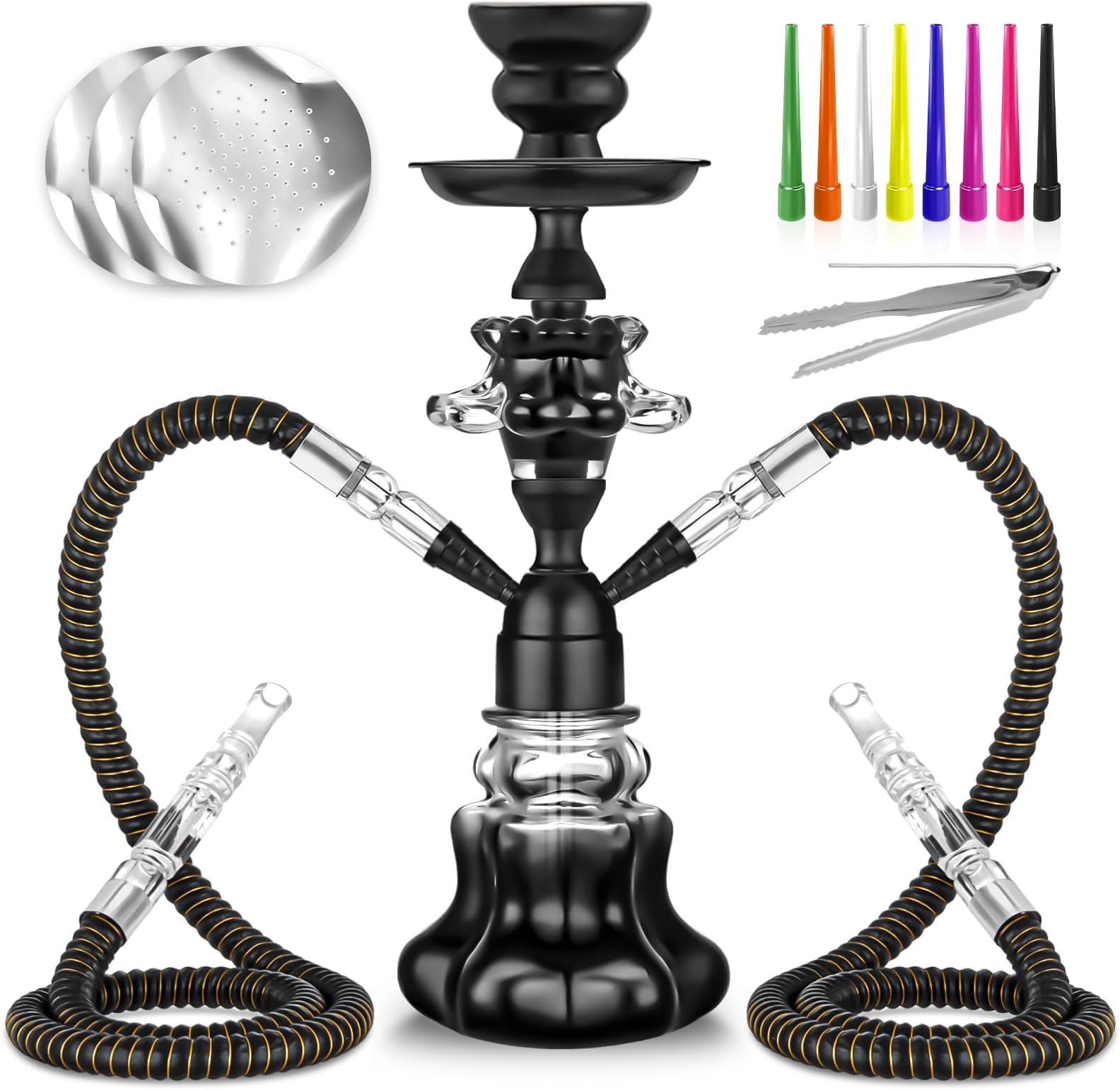 Hookah Set With Everything 14'' Shisha Hookah Complete Set - Glass Flower Vase, Ledther Hose, Foils, HookahTips, Ceramic Bowl, Coal Tong (Black)