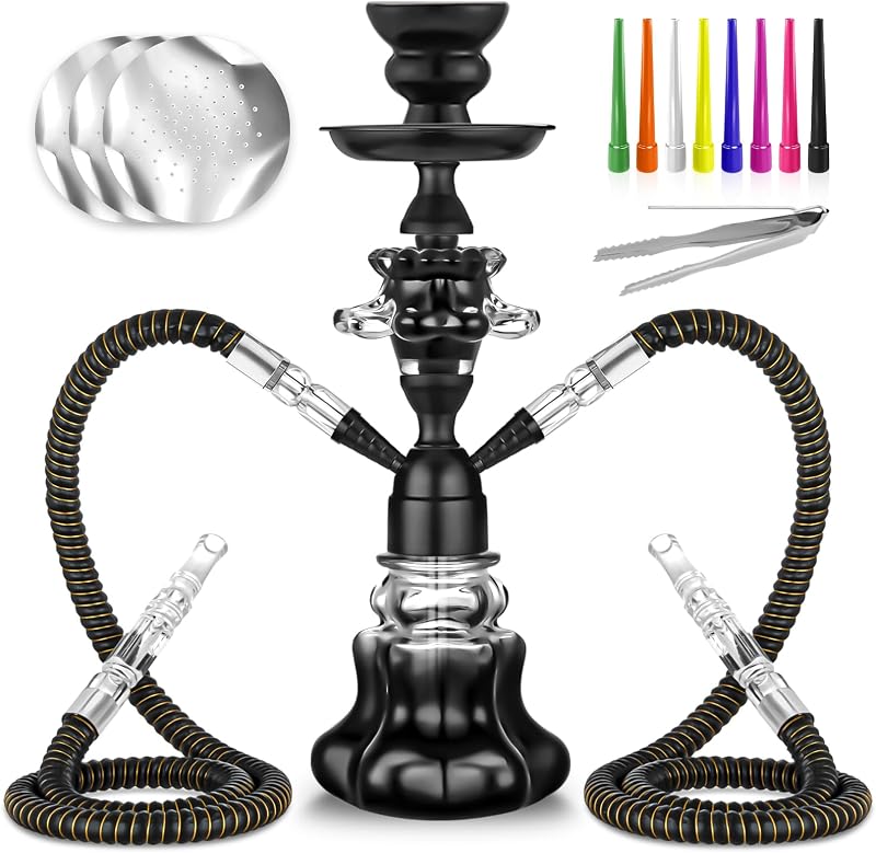 Hookah Set With Everything 14'' Shisha Hookah Complete Set - Glass Flower Vase, Ledther Hose, Foils, HookahTips, Ceramic Bowl, Coal Tong (Black)