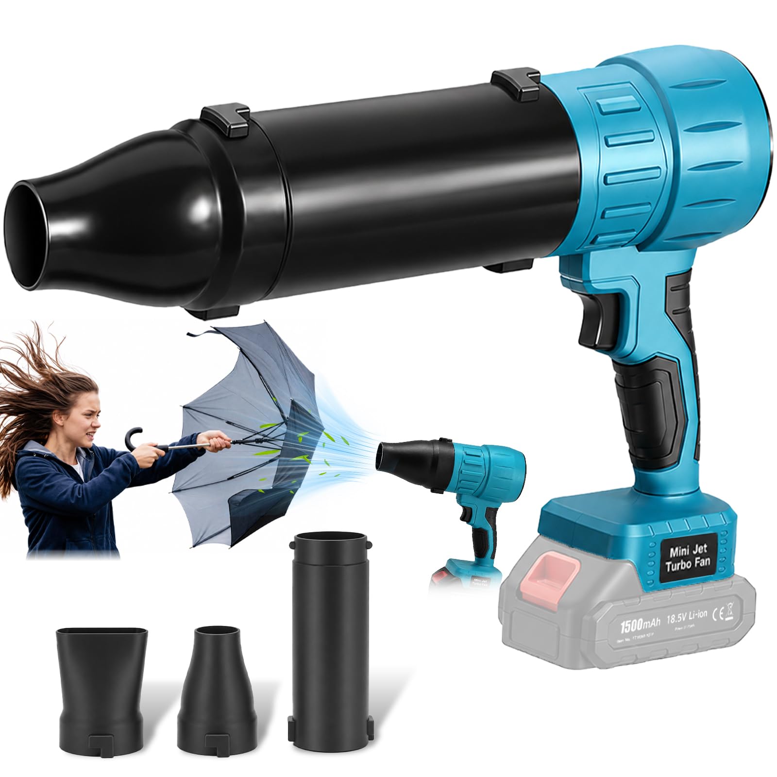 Soffiatore per foglie senza fili Turbo – 40000 giri/min, 60 m/s, 650 g – incl. 3 ugelli – Compatibile con Makita 18V – Blu (Senza batteria e caricabatterie)