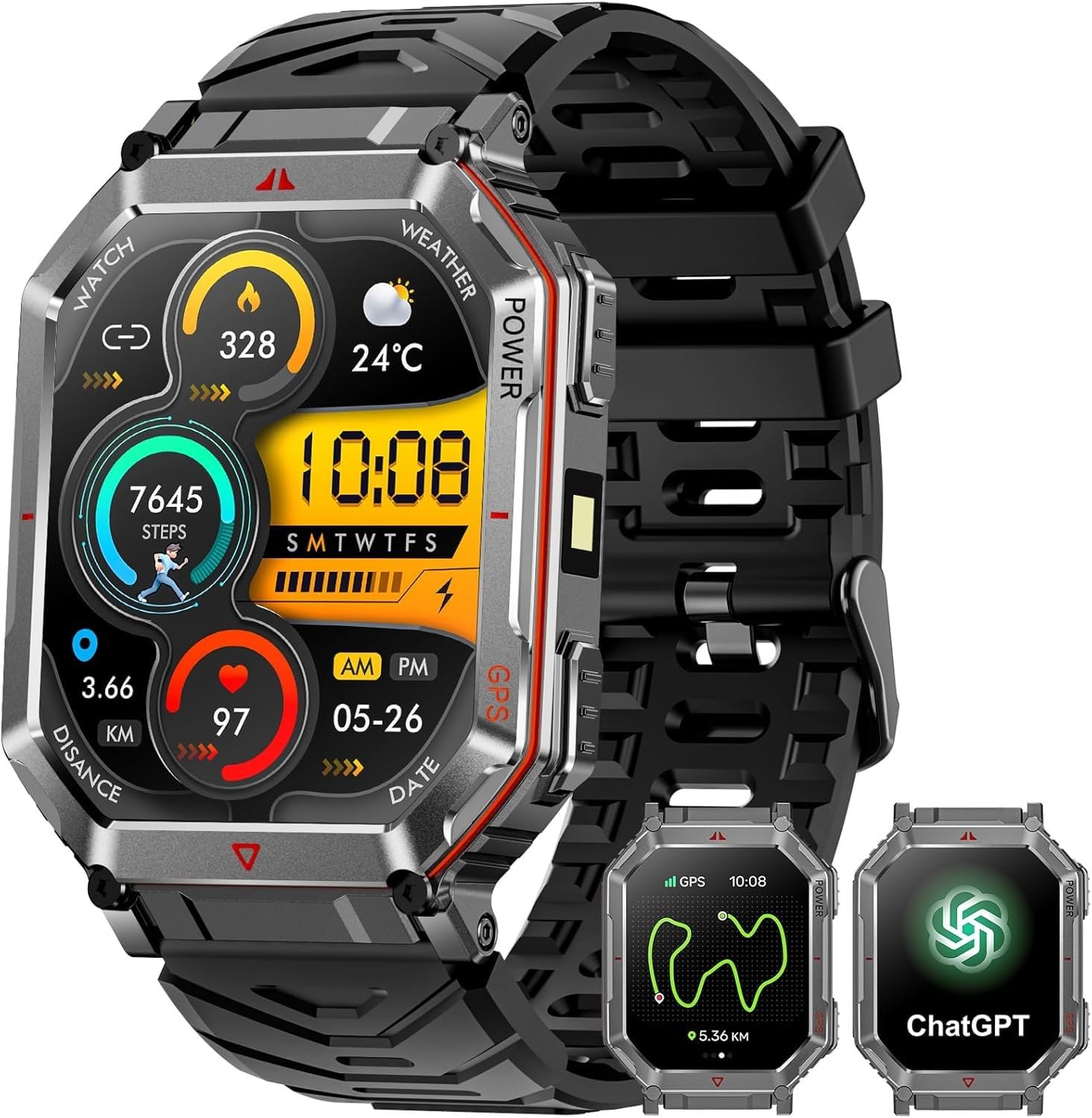 Orologio intelligente militare per uomini con GPS/bussola, assistente vocale GPT, display HD 2.01", chiamate Bluetooth, tracker fitness con modalità, compatibile con Android e iOS (Nero)