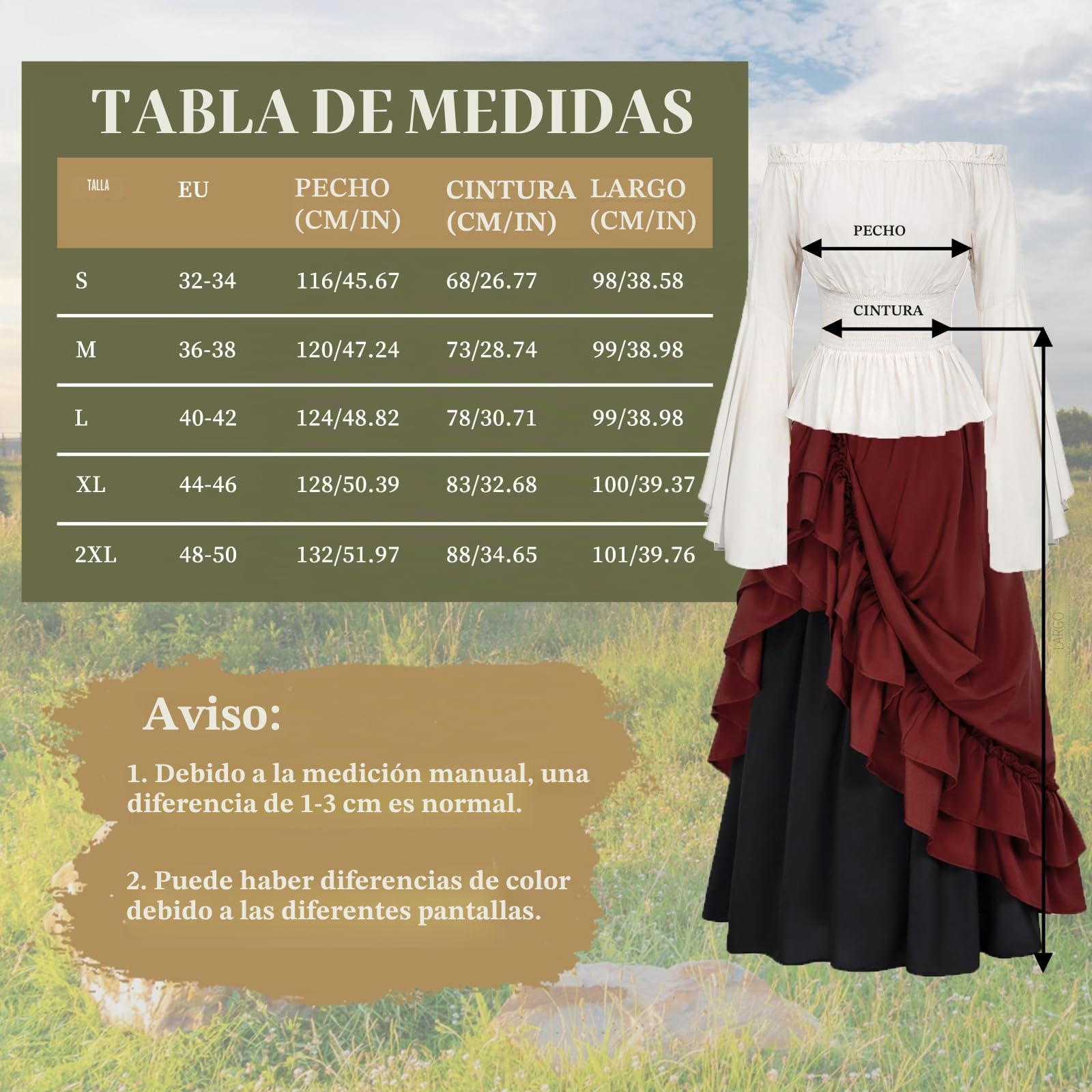 JONRRYIN Falda Larga Medieval para Mujer, Costume Victoriano Renacentista, Manga Acampanada Bohemio Vestido, Ropa Gótico Vintage Carnaval Halloween