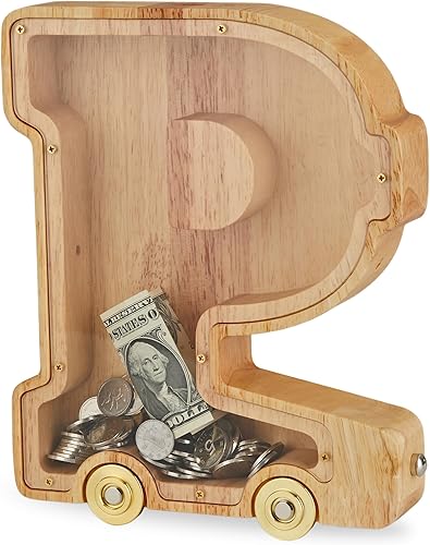 Alcancía grande Alcancía de madera interconectable, alcancía del alfabeto P con ruedas, para niños, niñas y adultos (inicial-P)