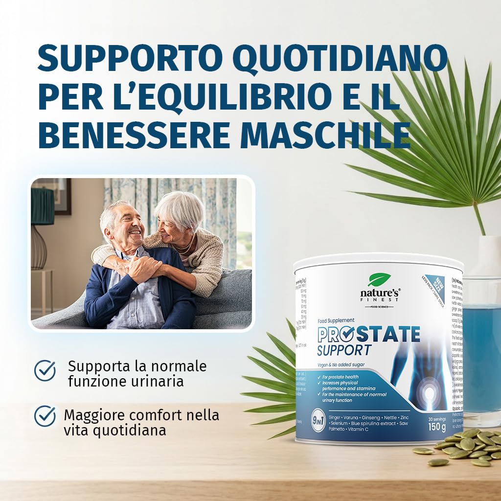 Nature's Finest PROstate Support, Integratore Prostata con Saw Palmetto (Serenoa Repens), Supporto Prostatico, Formula Naturale con Varuna, Ortica, Ginseng e Zinco, Alta Bio-Disponibilità, 150g