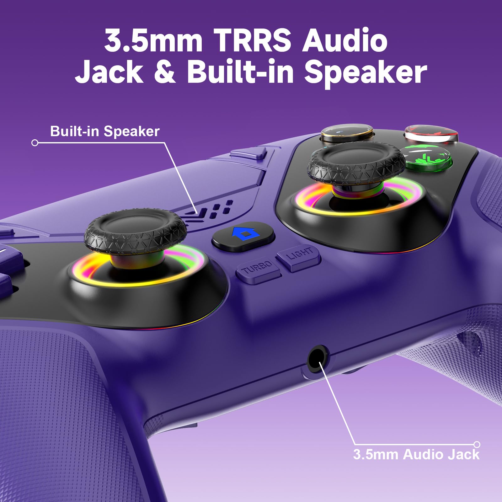 Controller wireless per PS5/PlayStation 5 e PC - Viola, gamepad Bluetooth con Turbo, sensore di movimento a 6 assi, pulsanti programmabili, illuminazione RGB, jack audio da 3,5 mm