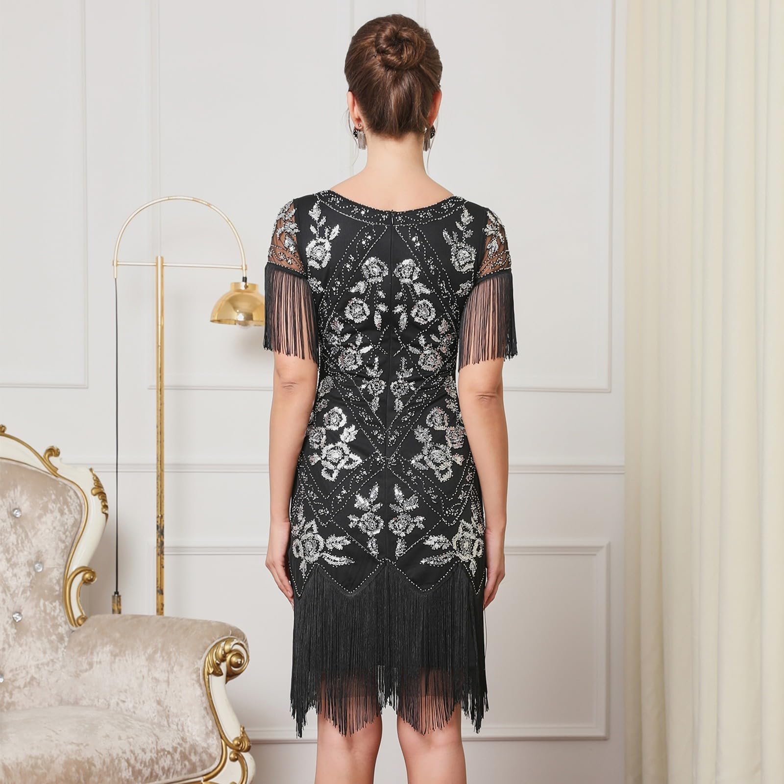 Generico Vestiti Eleganti Donna - Elegante Abito da Sera Formale con Colletto Paillettes Scintillanti Frange Senza Spalline Abito da Cocktail per Banchetti E Celebrazioni