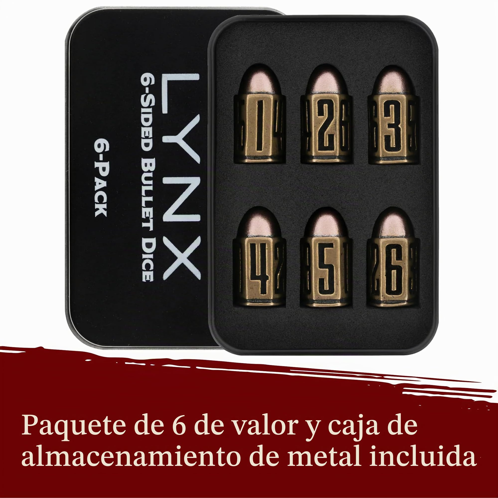 Bullet Metal Dice Set - Seis Dados de Balas D6 en latón - Compatible con DND, Wargames, Juego de rol, D&D, ... Perfecto Regalo/Accesorios de RPG/Dungeons and Dragons/D and D Español.