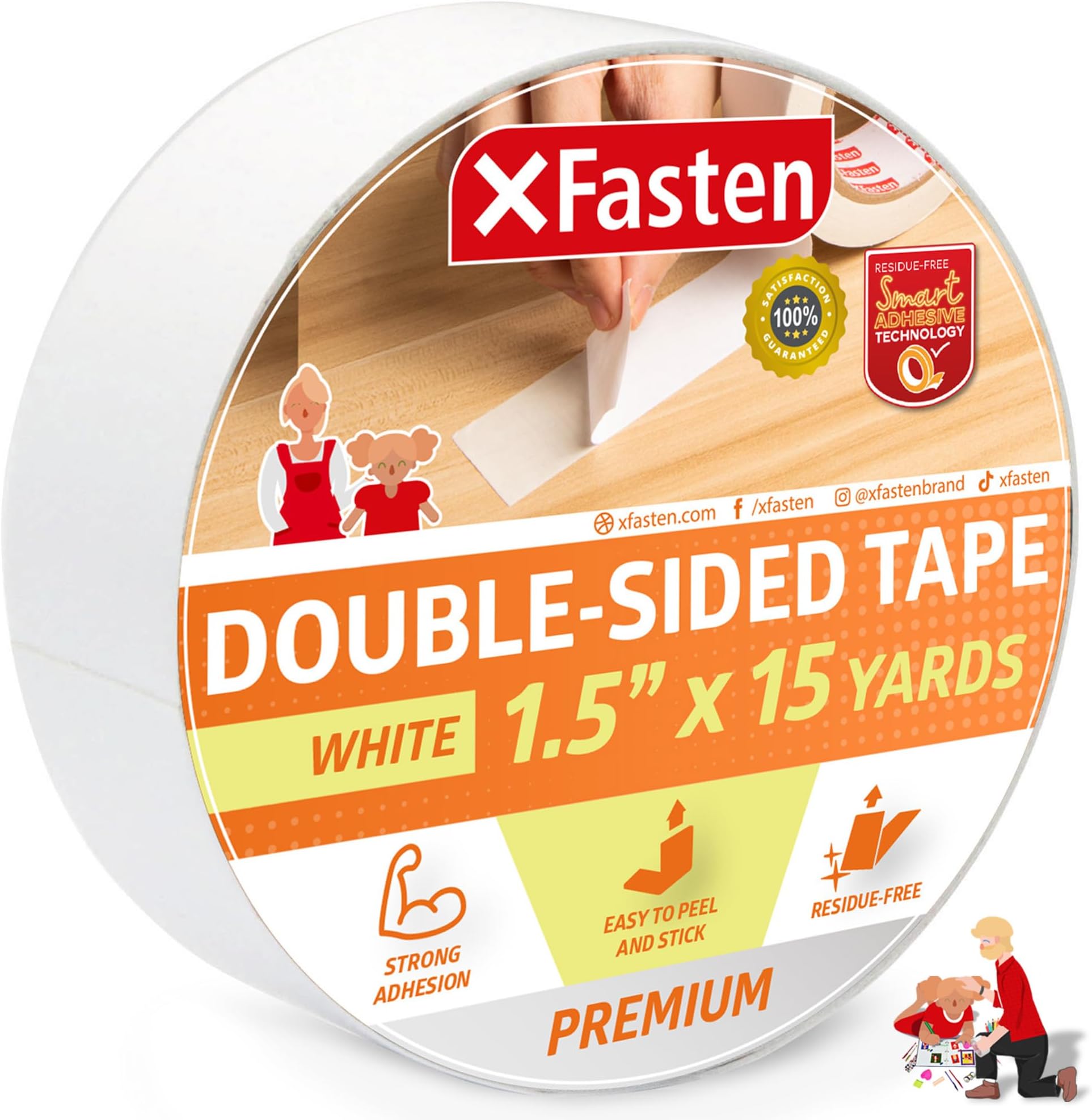 XFasten Double Sided Tape, Removable, 1.5Inch by 15Yards