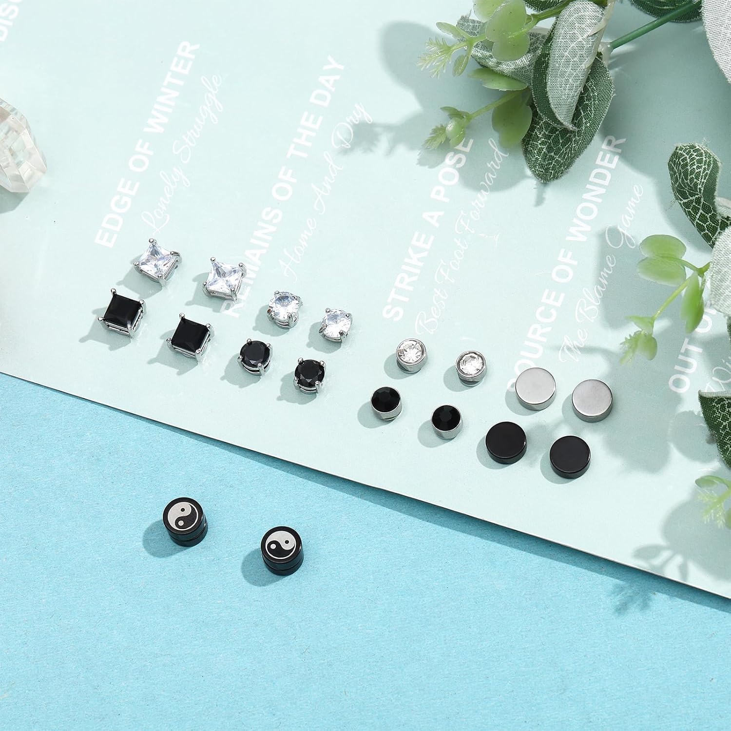 NEWITIN 9 Pairs Magnetic Earrings for Men Clip on Earring Stainless Steel Magnet Earring Unisex Hoop Dangle Cross CZ Studs Non Piercing Magnetic Stud Earrings for Men Women - Image 3