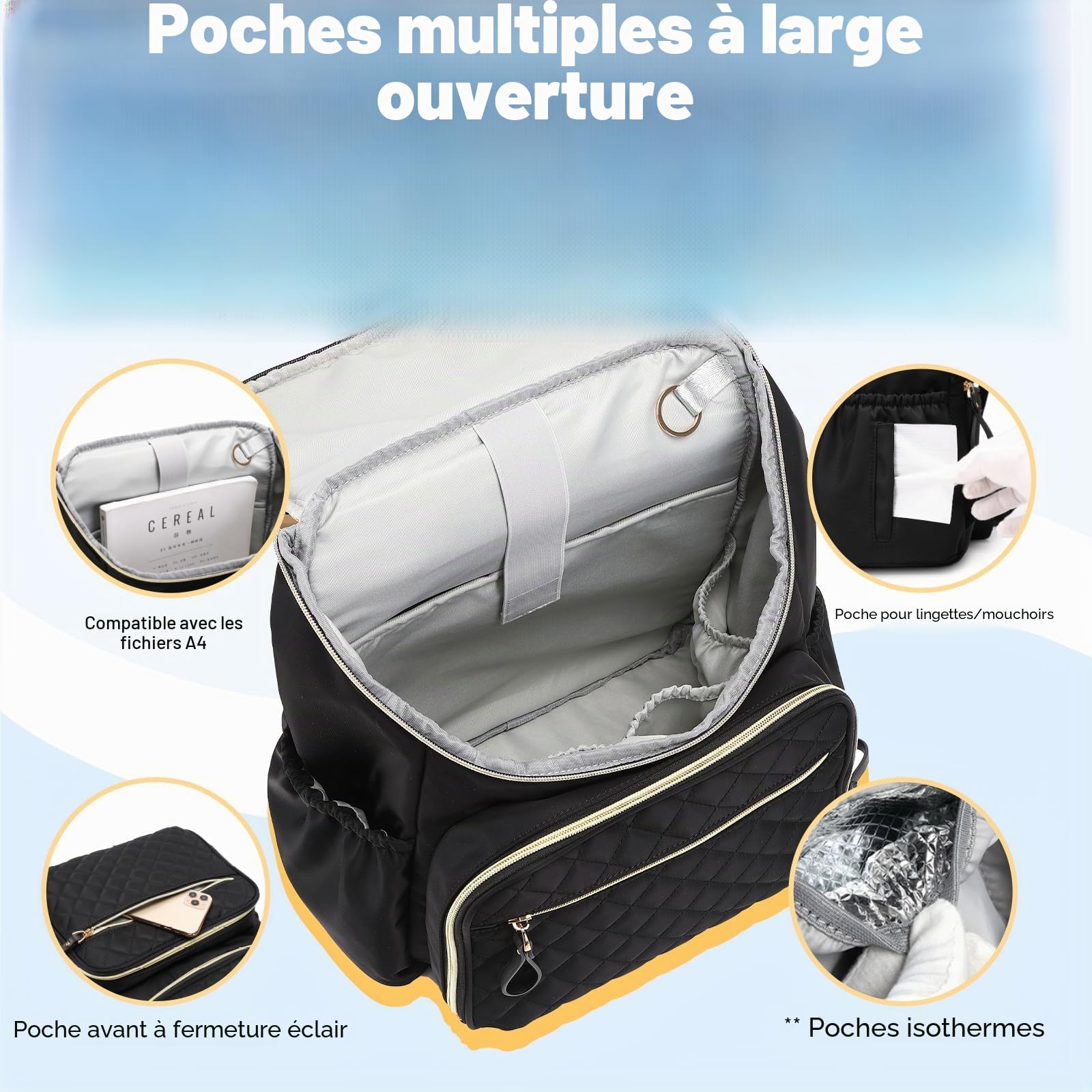 LORADI Sac à langer de grande capacité avec boucle de poussette, sac à dos de voyage résistant à l'eau avec poches isothermes, Noir/doré, Large, Classique