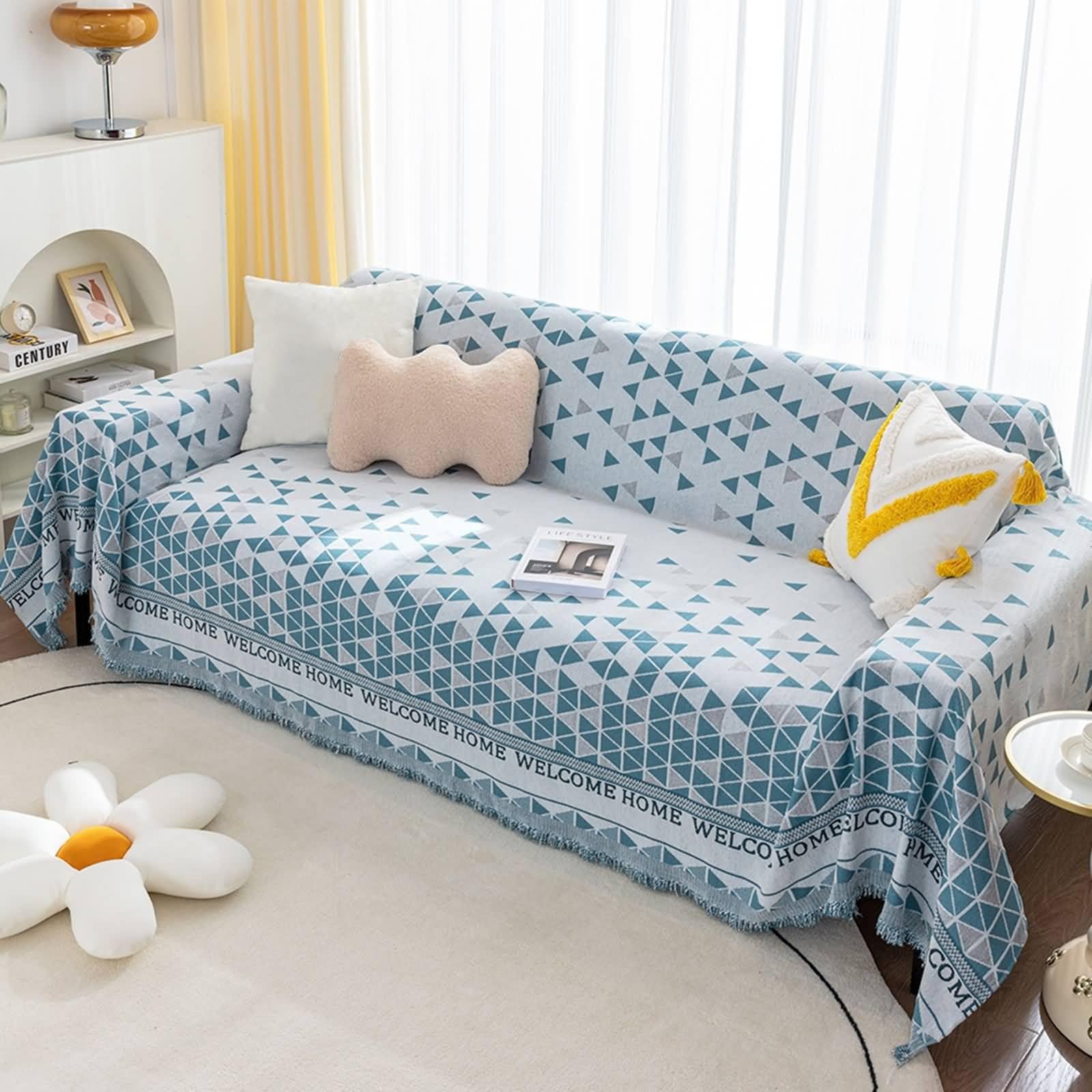 Skcess Outdoor Couch Cover, Blue Chenille Outdoor Couch Cover Triangle Geometric Lattice with Finged 4 Seater(180X420CM)