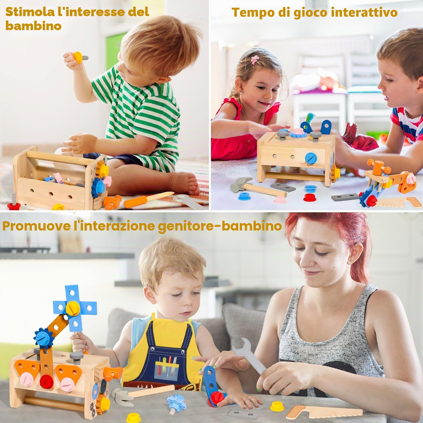 Cassetta Attrezzi Bambini, Banco da Lavoro per Bambino, Giochi Legno Costruzioni per Bambini con Grembiule, Giochi Bambina Bimbo Educativi Regalo Bimbo 2 3 4 Anni, 39 Pezzi Attrezzi Giocattolo Bambino