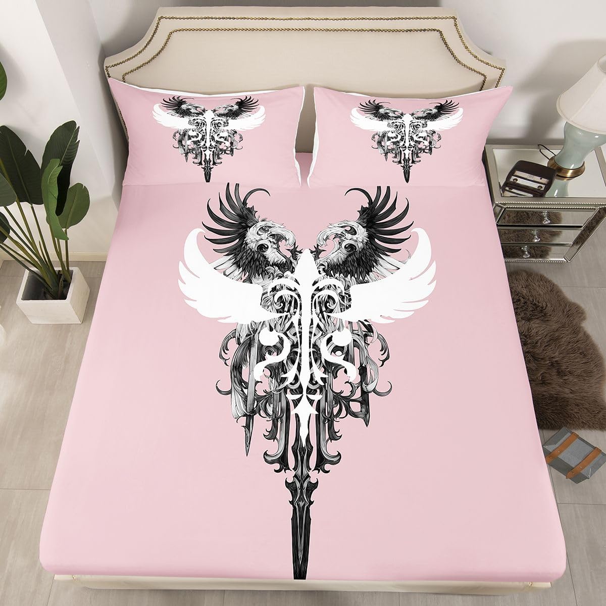 Erosebridal Y2K Anime Wing Bed Sheets Full Gothic Cross Theme Fitted Sheet Patriotic Style Wings Bedding Set for Kids Boys Girls,Goth Victorian Vintage Bed Cover 3 Pcs