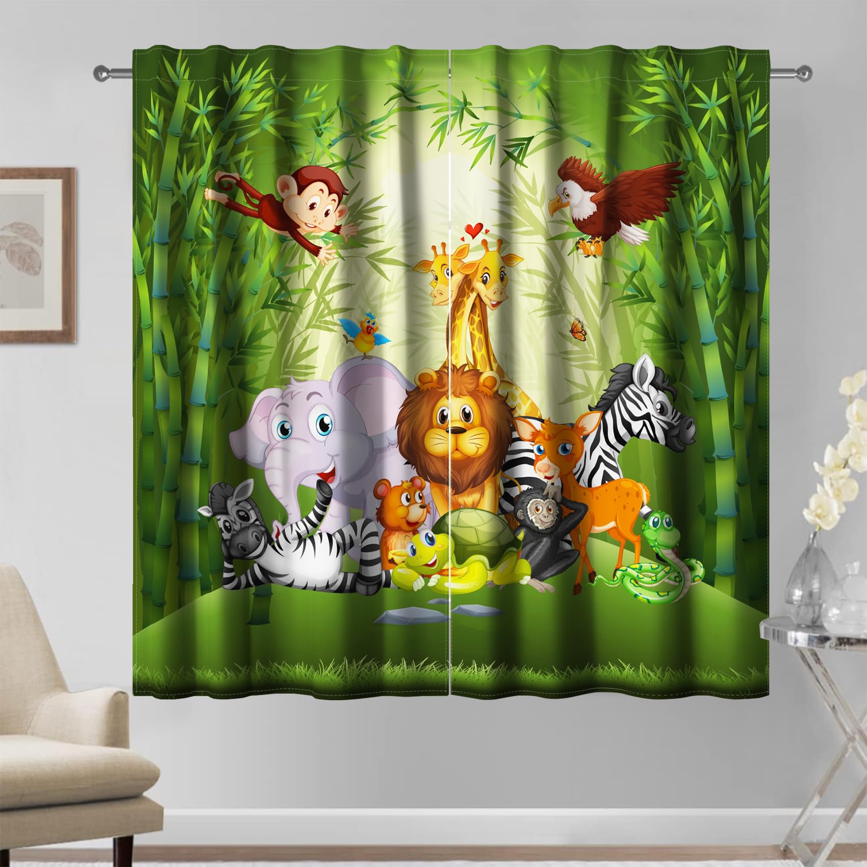 Kzzfqxb 107x215cm Kids Curtains 2 Panels, Green Bamboo Forest Safari Animals Elephant Lion Monkey Zoo Window Drapes, Cute Cartoon Decor for Children Boys Girls Bedroom Nursery Living Room — image 1