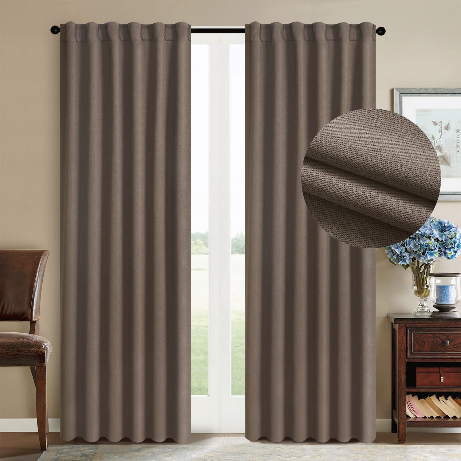 WPM Coffee Drapes Faux Linen Blackout Curtain Thermal Insulated Panel for Bedroom/Living Room 96 Inch Long Energy Saving Window Treatment-Back Tab/Rod Pocket Style Set of 2 (Coffee Brown, 96 Inch)