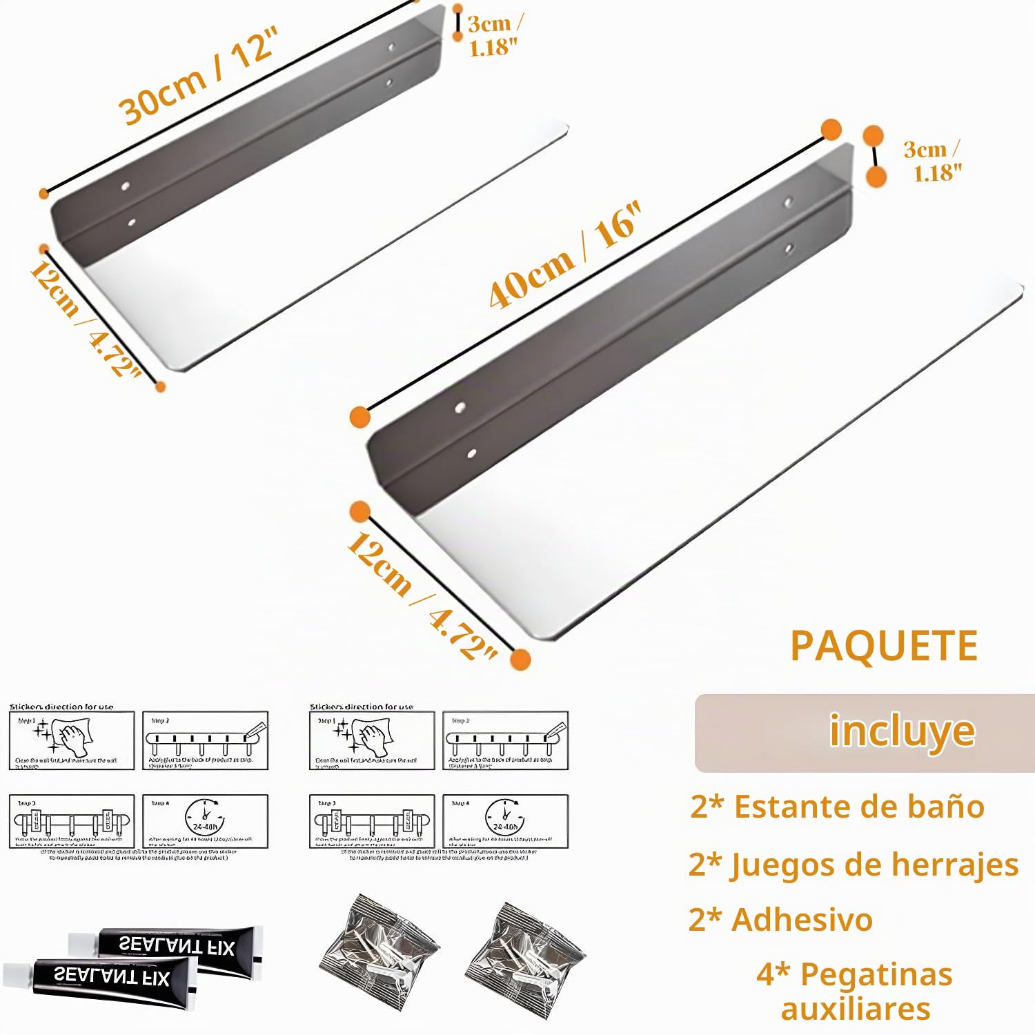 2Piezas Cromo Estanteria Baño Sin Taladro 304 Acero Inoxidable Autoadhesiva Balda Sin Agujeros Antioxidante Organizador Estanteria para Baño Dormitorio Cocina