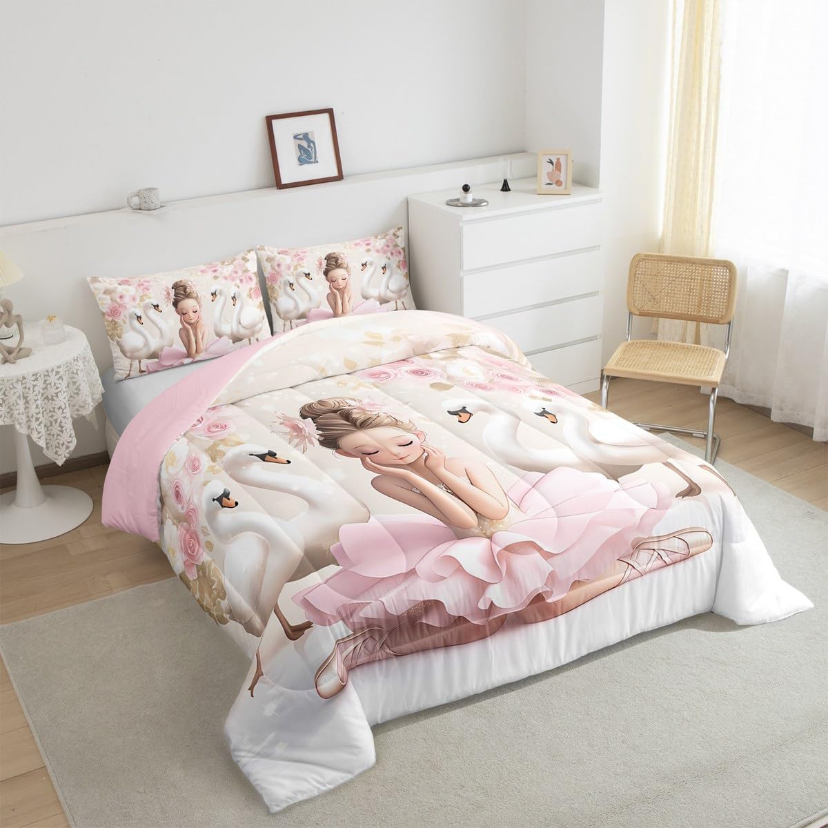 Erosebridal Ballerina Girl Princess Comforter Set Twin White Swan Bedding Set Aesthetic Ballerina Design Comforter for Kids Boys Girls,Pink Romantic Rose Flowers Quilt Duvet