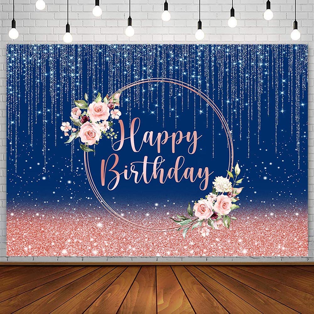AIBIIN 7x5ft Rose Gold Navy Blue Glitter Birthday Backdrop for Girl Women Blush Pink Shiny Bokeh Floral Happy Birthday Photography Background Adults