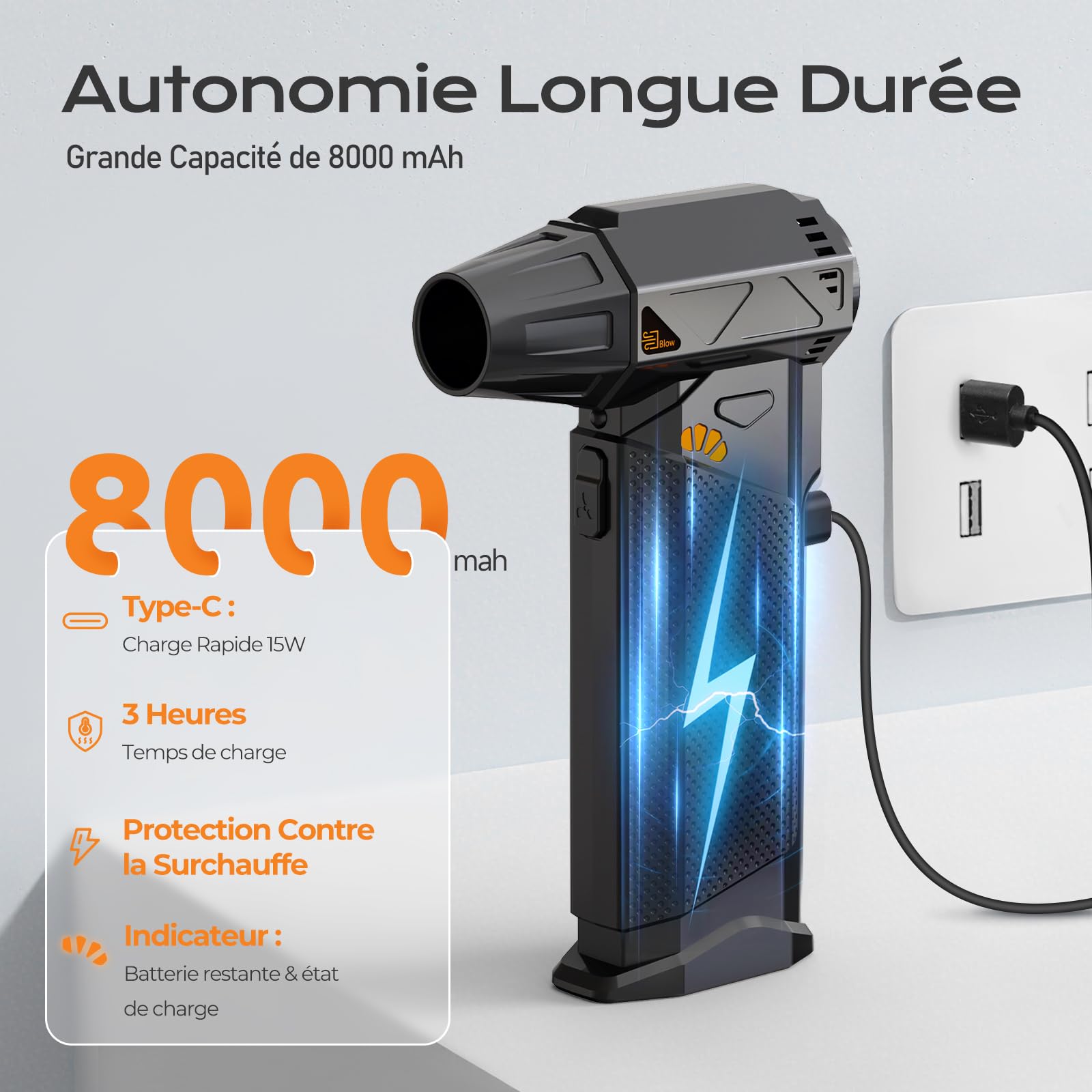 Souffleur Et Aspirateur 2 En 1 Sans Fil SEANCHEER - 180000 Tr/min, Batterie 8000mAh, Lampe LED, Pour PC, Voiture, Maison - 9