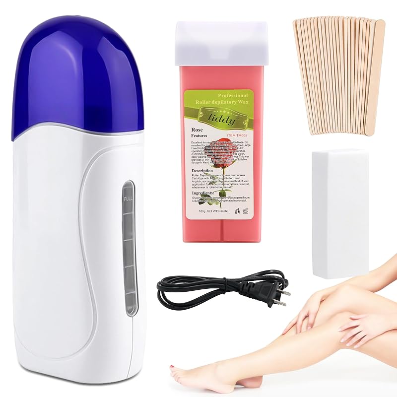 Kit de depilação com cera roll-on Dr.Pedi Rose, aquecedor portátil, 100 tiras e 50 palitos