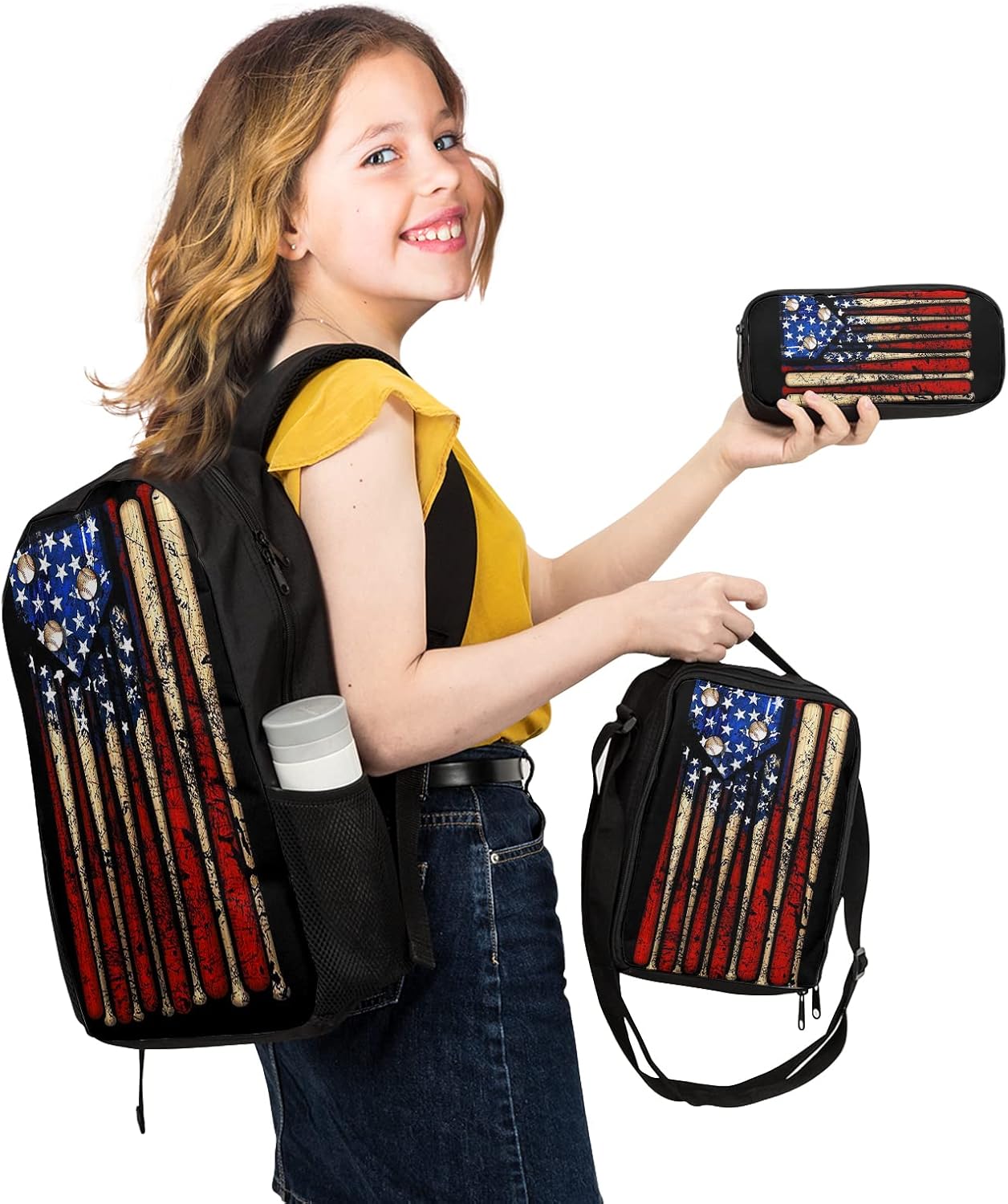 Giwawa American Flag Baseball School Backpack Set Lightweight Teen Girls Women Kids School Bags College Bookbag with Lunch Bag