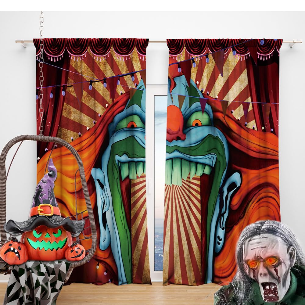 82 x 84 Inches Circus Haunted House Window Curtain Red White Stripe Halloween Birthday Party Window Decor Evil Circus Horror Room Bedroom Decoration Drapes 2 Panel Set Rod Pocket