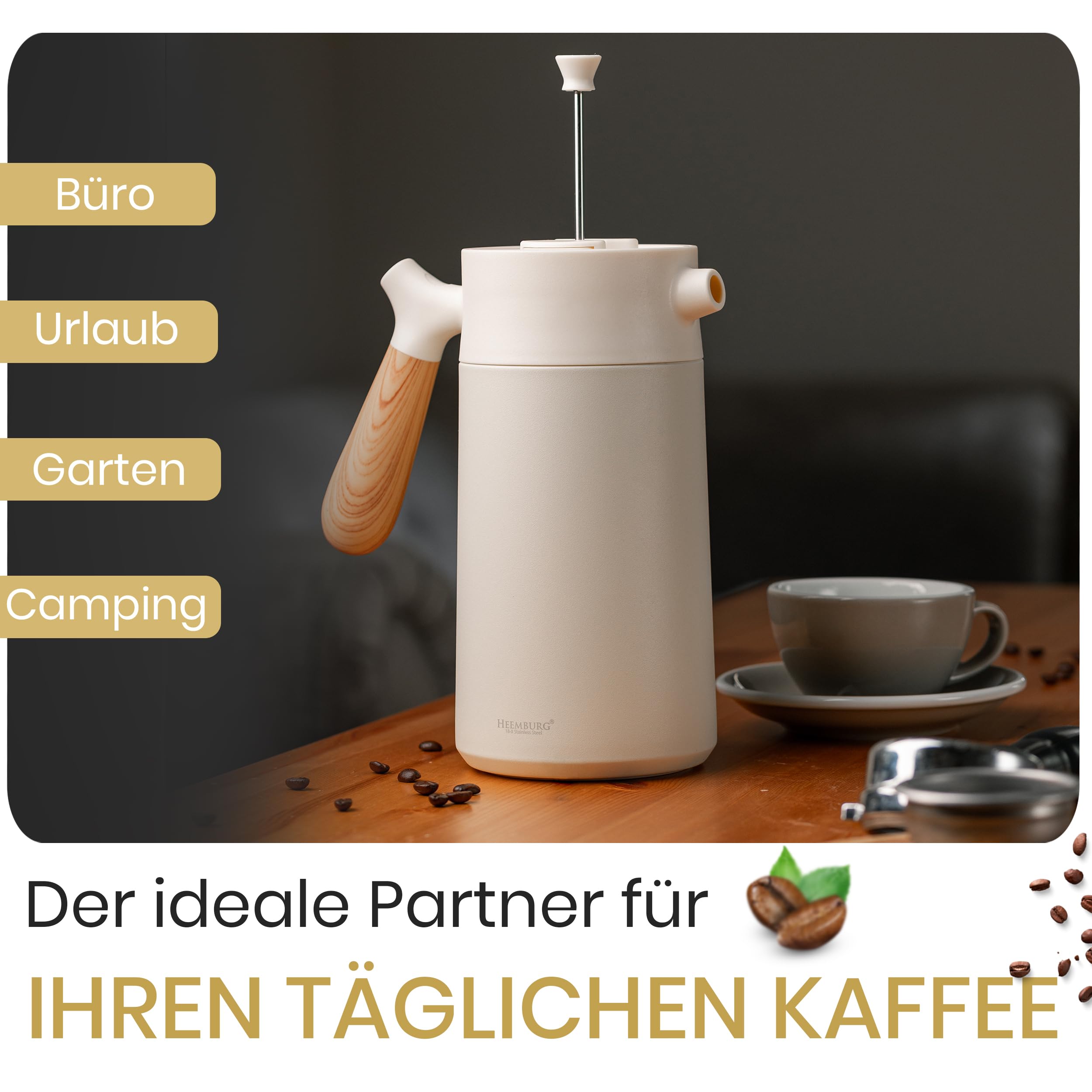 HEEMBURG Thermo French Press 1L (8 Tassen) | Premium Edelstahl Kaffeepresse & Teebereiter | 6h Doppelwandige Isolierung | inkl. Ersatzfilter & Bambuslöffel Geschenkset | Zuhause, Büro & Camping – Weiß