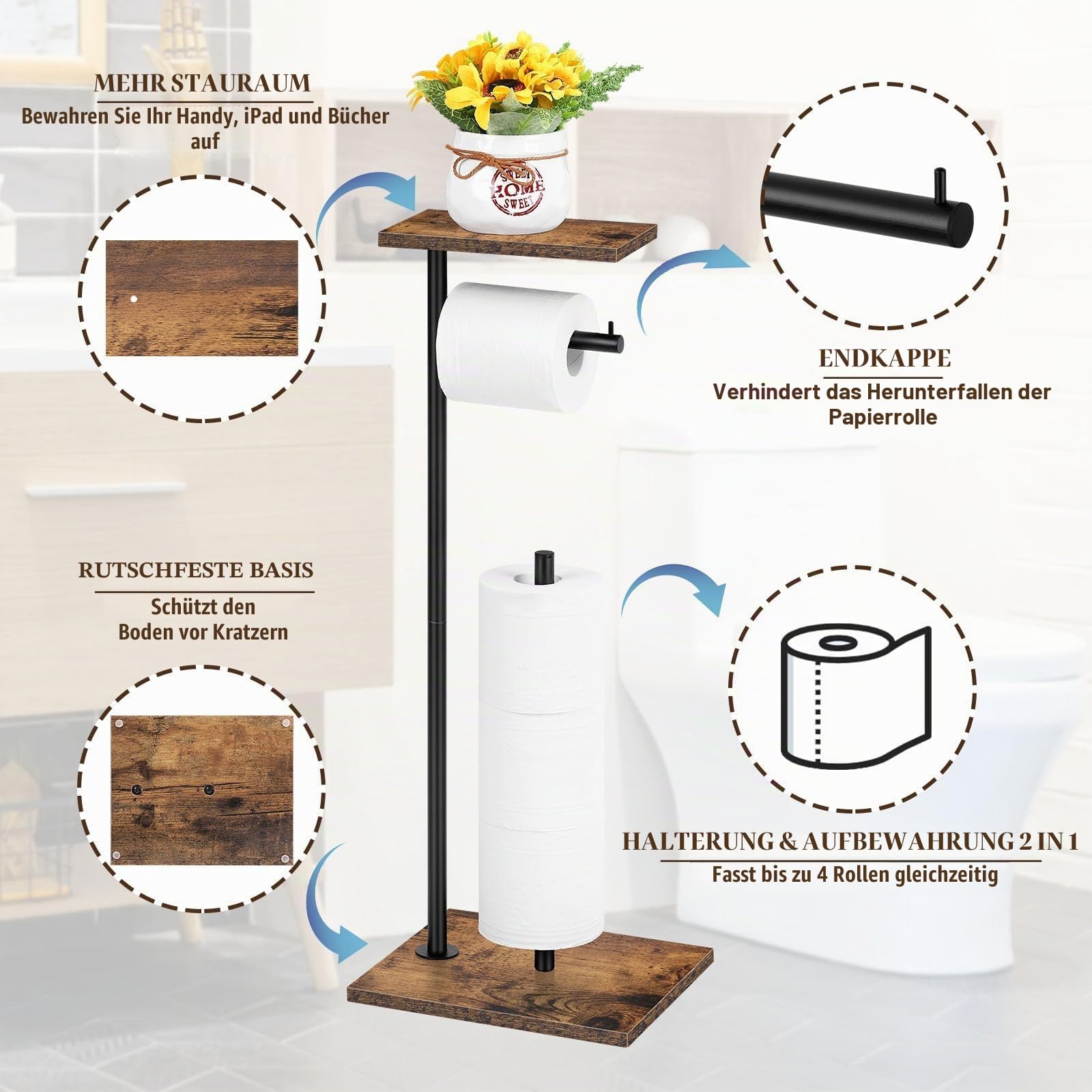 Toilettenpapierhalter Ständer mit Holzablage, freistehender Toilettenpapierhalter mit Telefonablage, Badezimmer-Ersatzpapier-Spender für 4 Reserverollen