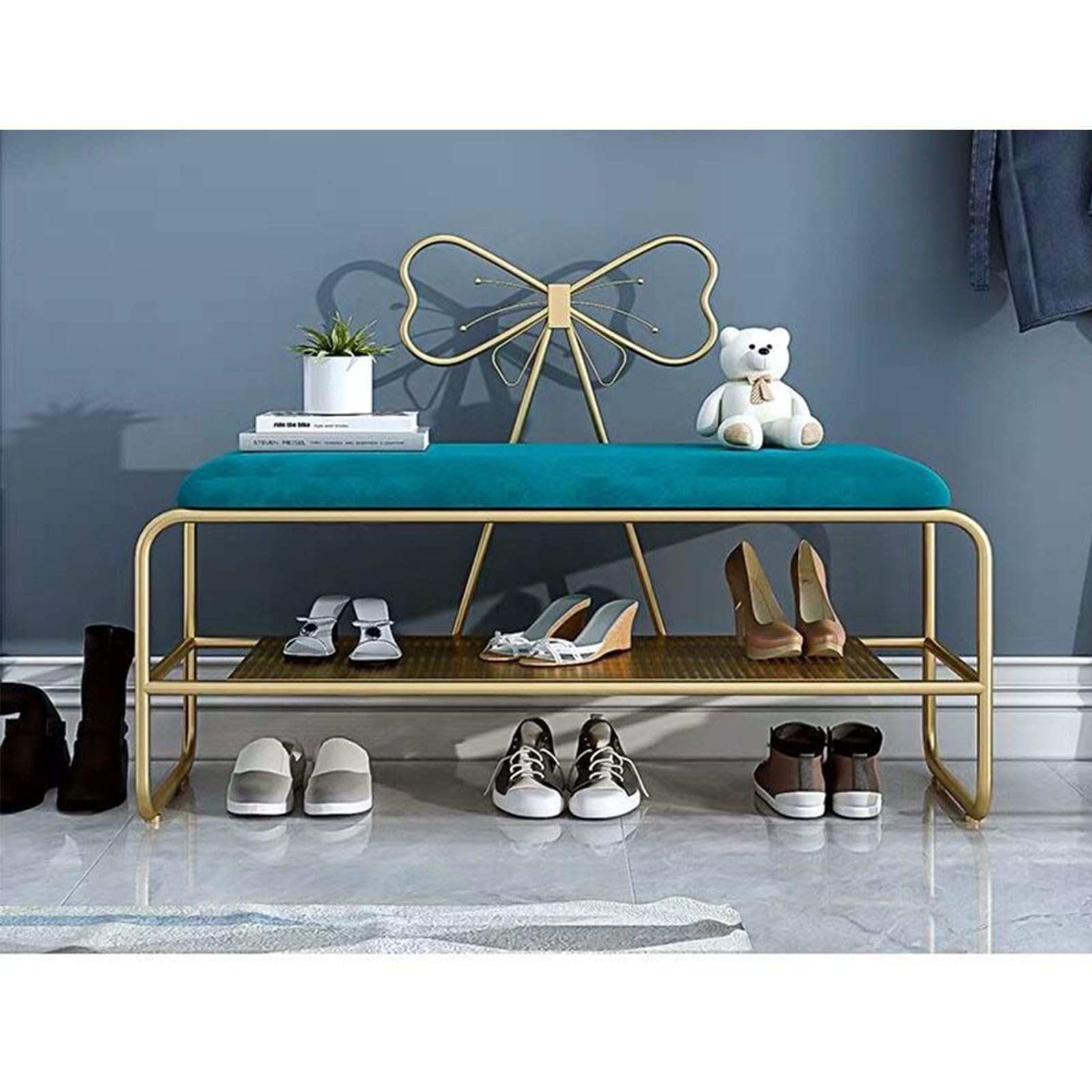 Meuble à chaussures pour entrée chic et assise de chambre bleue