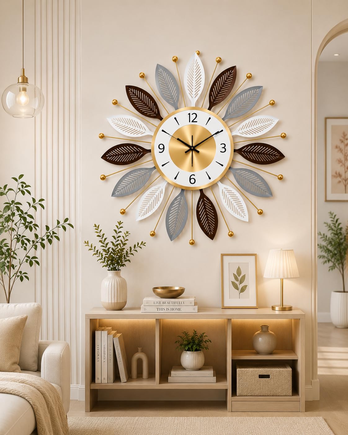 urban inspirations luxury sunburst metal wall clock for living room decor | handmade decorative leaf iron wall clock | silent modern designer clock for home, bedroom, office & white brown gold | 52 cm
