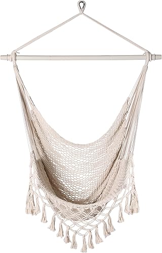 Silla hamaca de cuerda de algodón tejida a mano con barra separadora de metal, silla colgante bohemia para dormitorio, silla columpio para