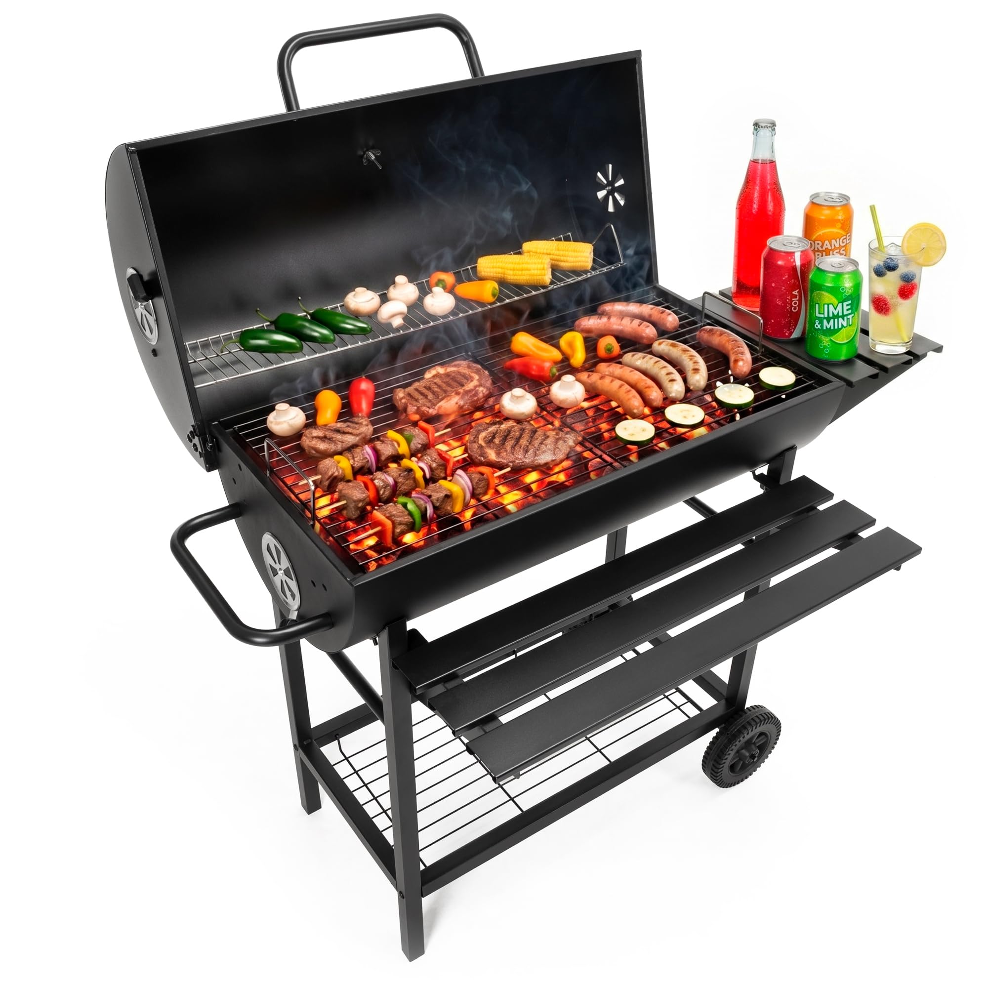 Springos Grill na węgiel drzewny, grill na kółkach z kółkami, z regulacją wysokości, misa węglowa, termometr, ruszt do podgrzewania, półki boczne, BBQ Smoker, grill ogrodowy na taras, kemping, balkon