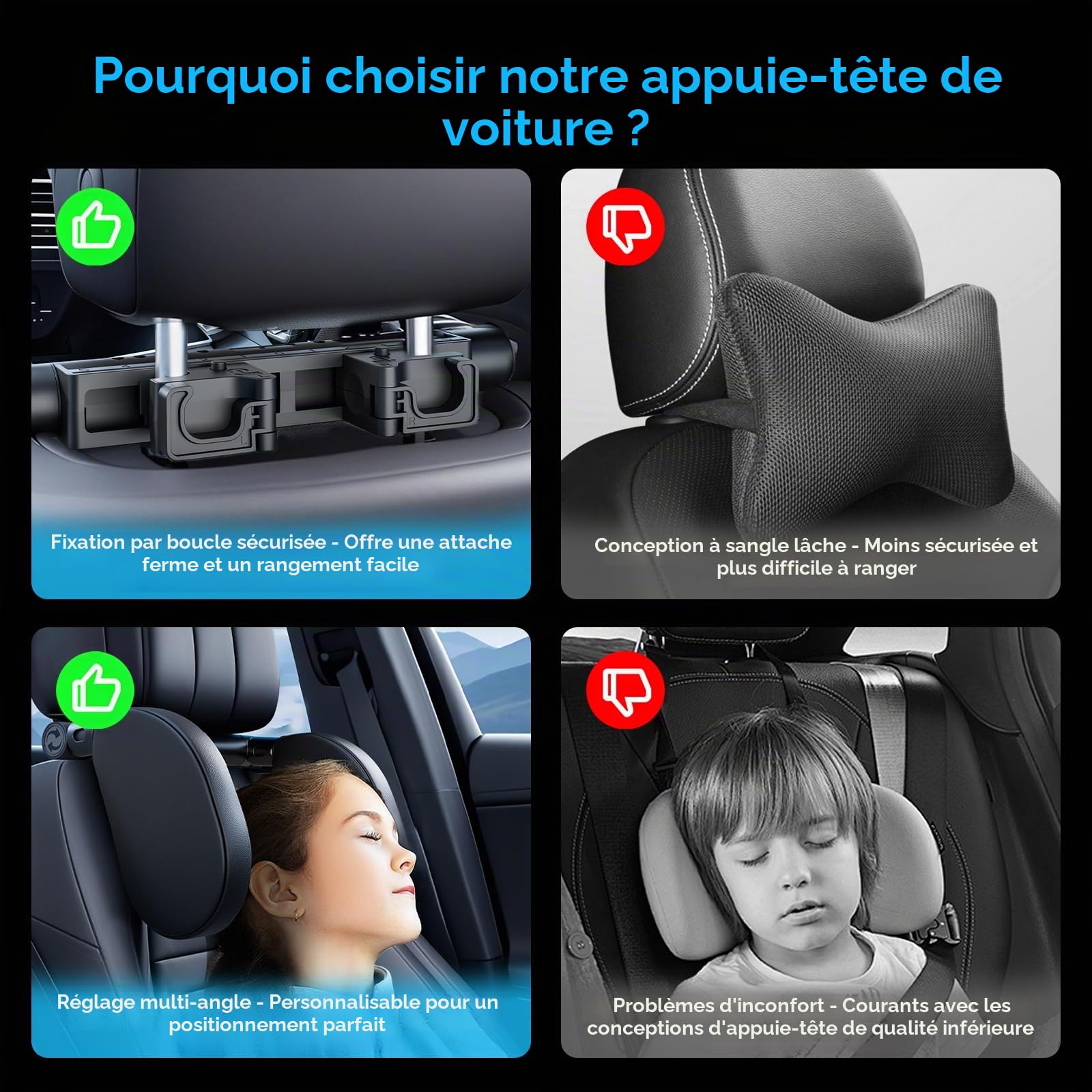 Cale Tête Enfant Voiture Adulte & Enfant | Repose Tête Voiture pour Dormir | Appuie Tête Voiture en Mousse Mémoire | Oreiller de Voyage Réglable (Nouveau 2025) (Noir X1)