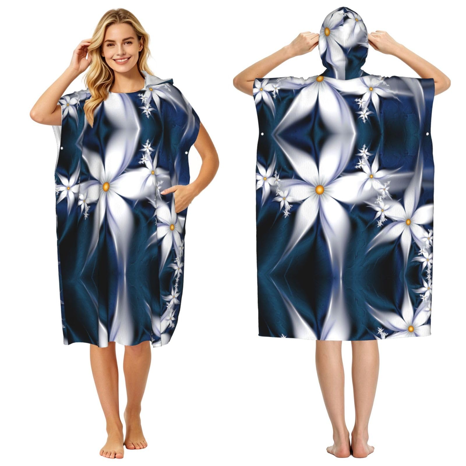 Poncho à capuche imprimé bleu pour plage et piscine adulte