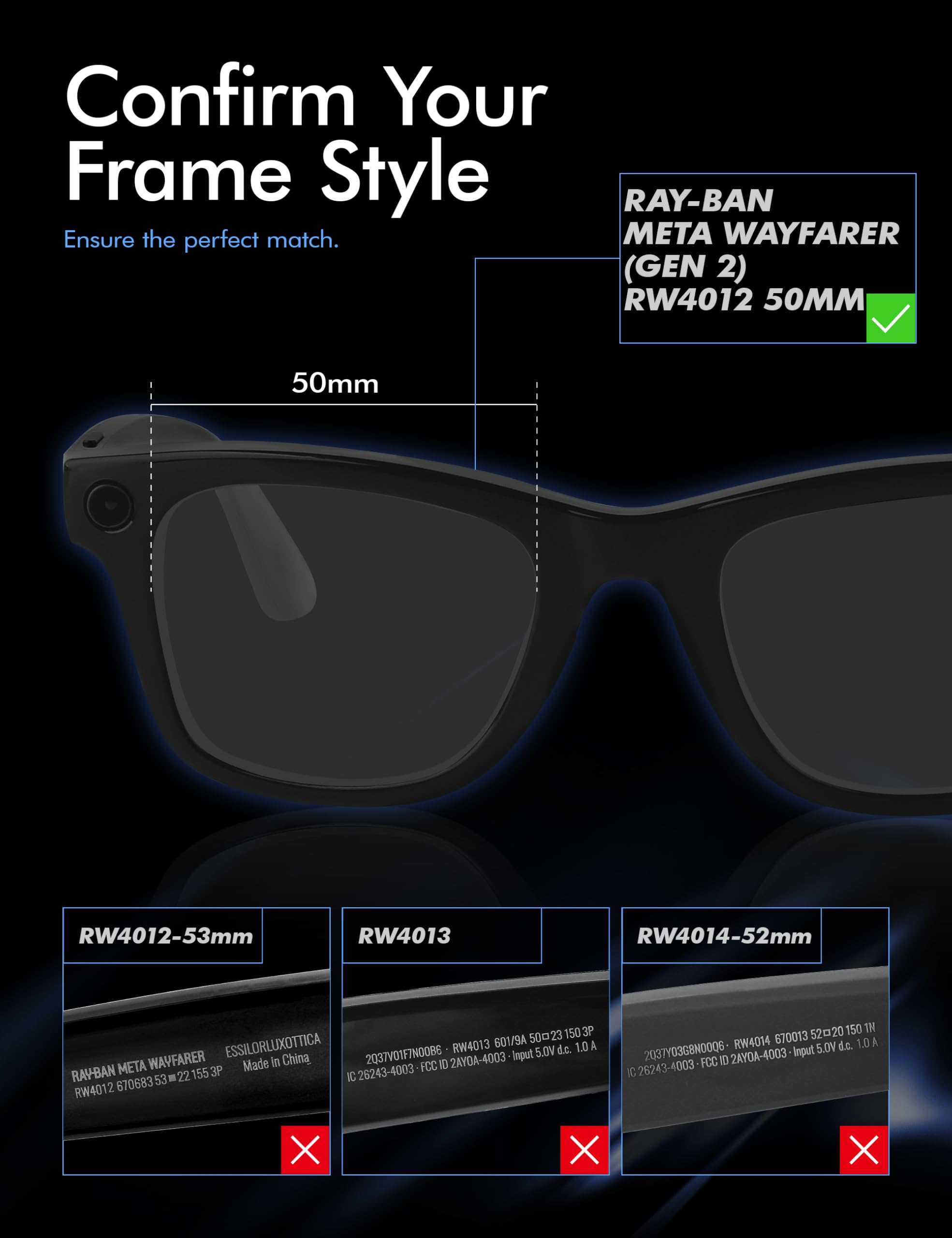 Saucer Wysokiej jakości wymienne soczewki kompatybilne z Ray-Ban Meta Wayfarer (Gen 2) RW4012 Smart 50 mm