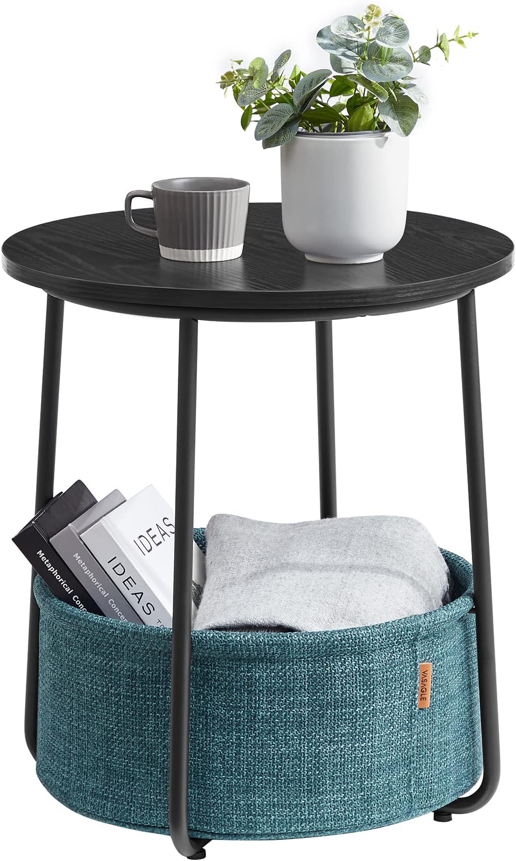 VASAGLE Small Round Side End, Modern Nightstand with Fabric Basket, Bedside Table for Living Room Bedroom, Particleboard, Steel, Polyester, Classic Black + Dark Turquoise