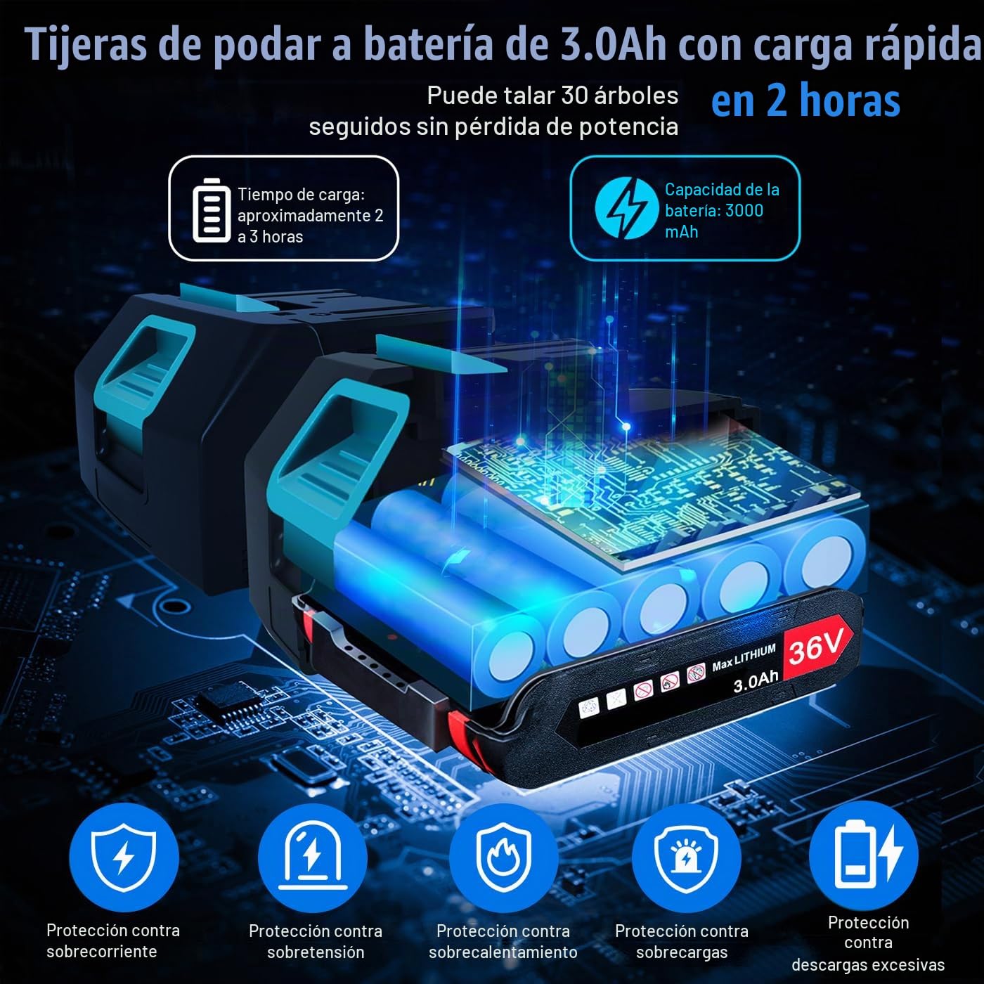Sierra de mano de rama alta con poste inalámbrico 3 en 1, tijeras de podar eléctricas con varilla telescópica de 2 m, apertura de tijera de 2,5 cm, tijeras de jardín eléctricas inalámbricas