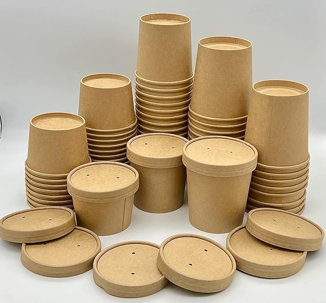 Pack Of 25 Brown Kraft Disposable Soup Cups Containers with Lids of Paper Soup Bowls Size of 8oz, 12oz & 16oz Takeaway Tubs Perfect for Ice Cream Containers, Dessert and Deli Containers (12oz)